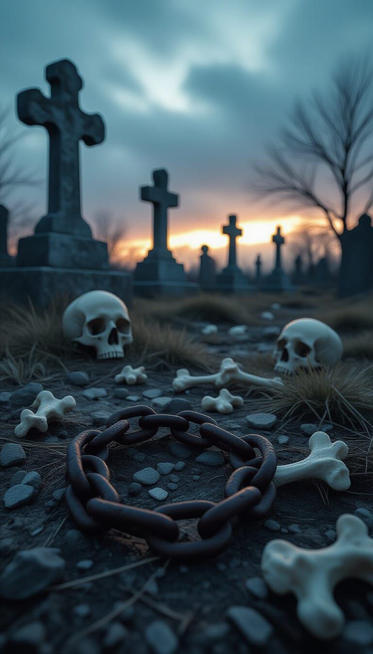 Broken Chain in Desolate Cemetery with Skulls and Crosses