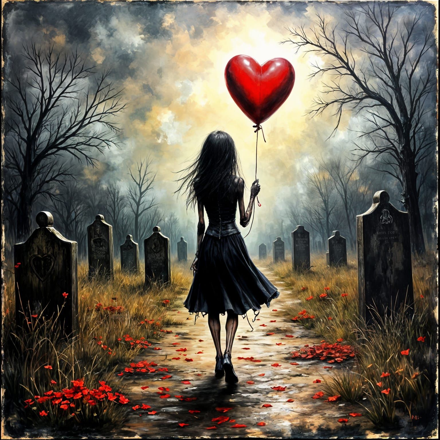 Gothic Skeleton Girl With Bloody Heart Balloon