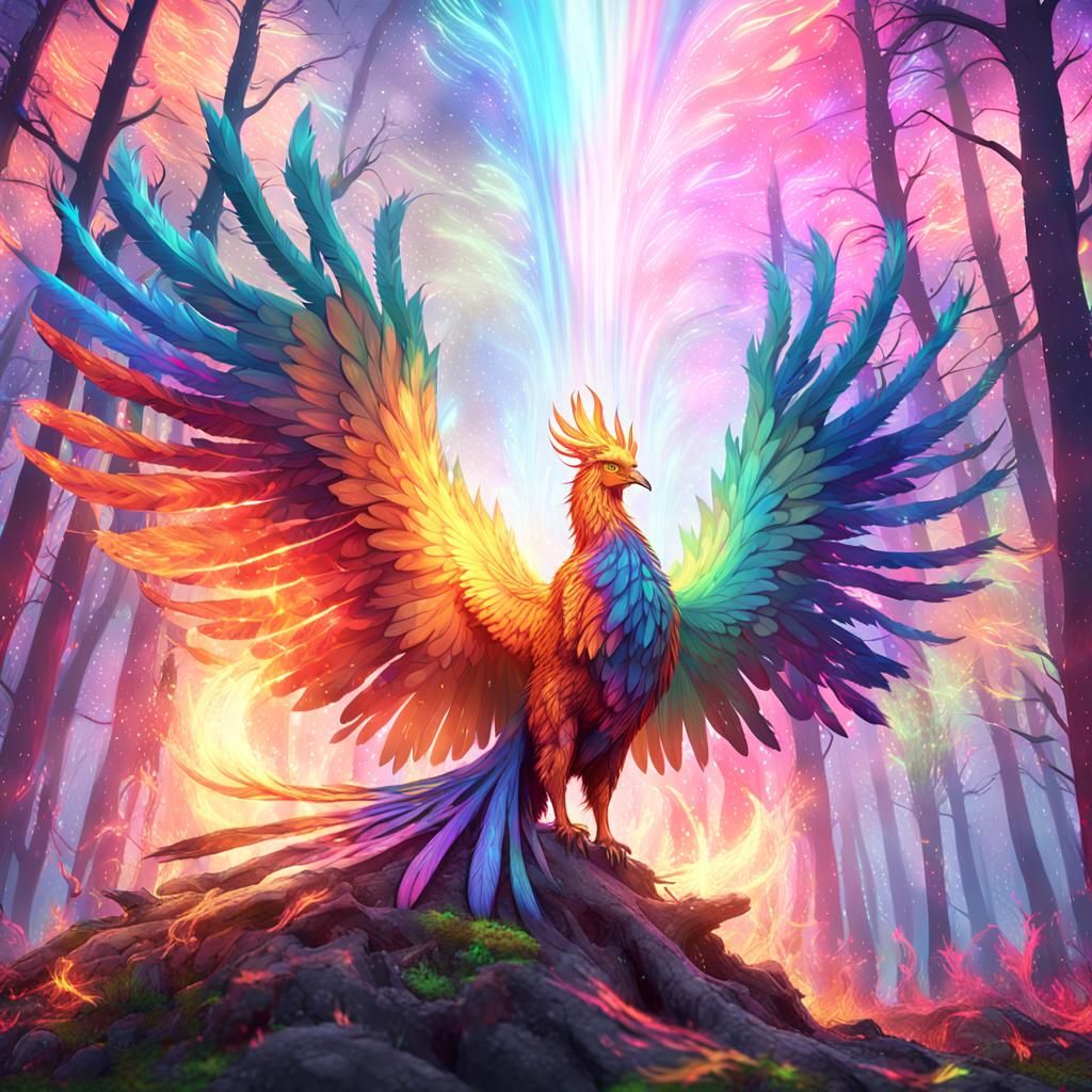 Rainbow Phoenix Rising in Mystical Forest