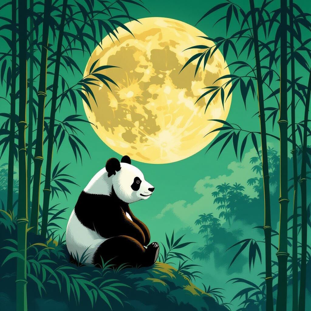 Panda in Moonlit Bamboo Forest, Art Nouveau Style