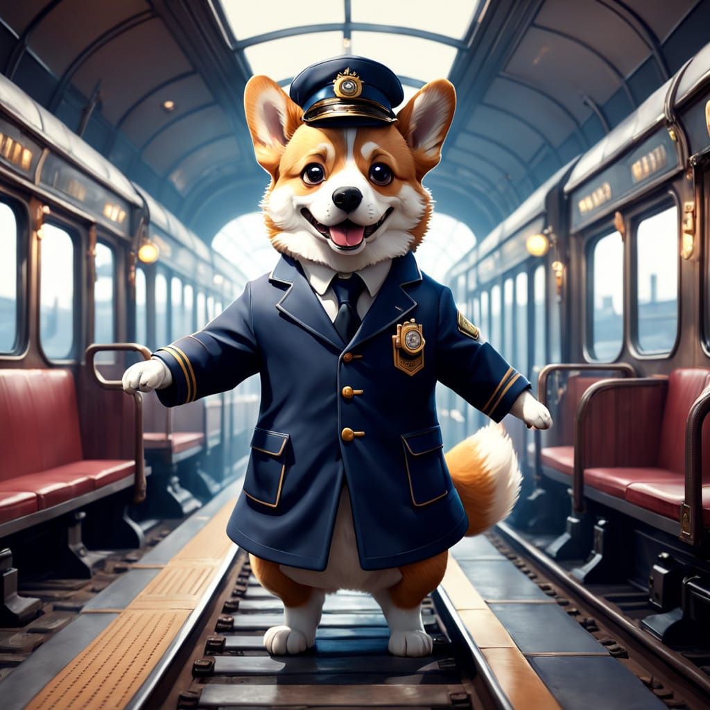 Corgi Train Conductor in Hyperdetailed 8K Concept Art