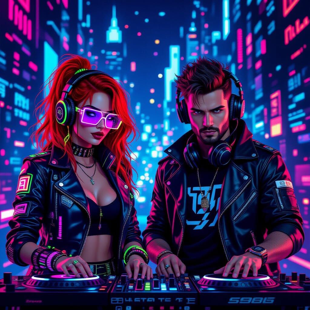Cyberpunk DJs Mixing Acid House in Pixelated Neon Atmosphere