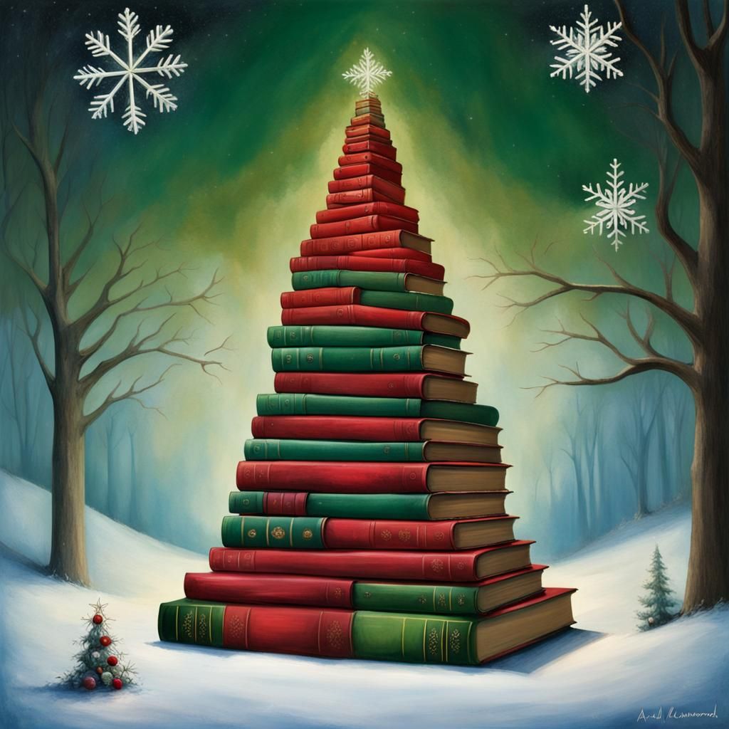 Book Christmas Tree with Angel in Surreal Style