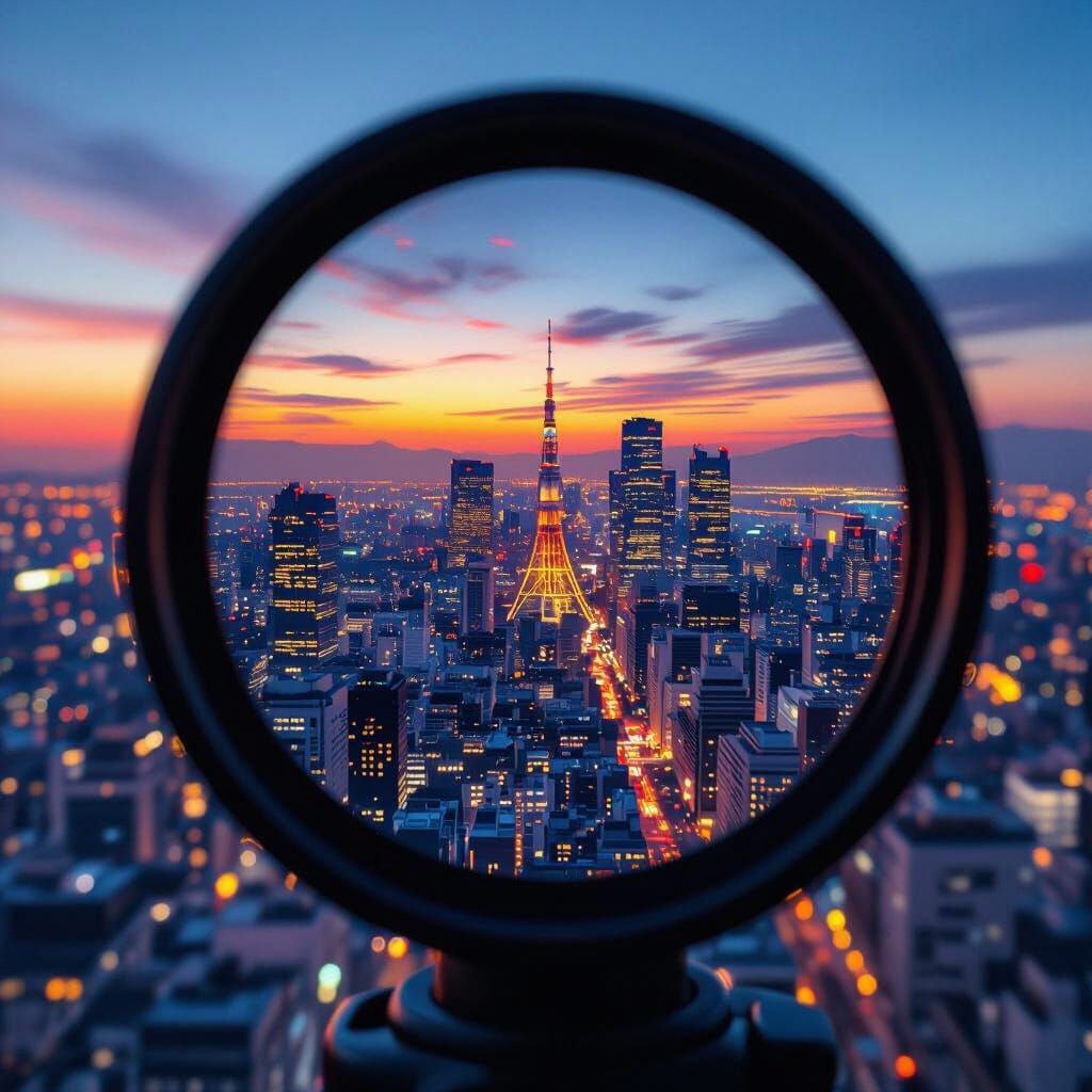 Global Cityscape Dusk Through Camera Lens, in a Stylized Man...