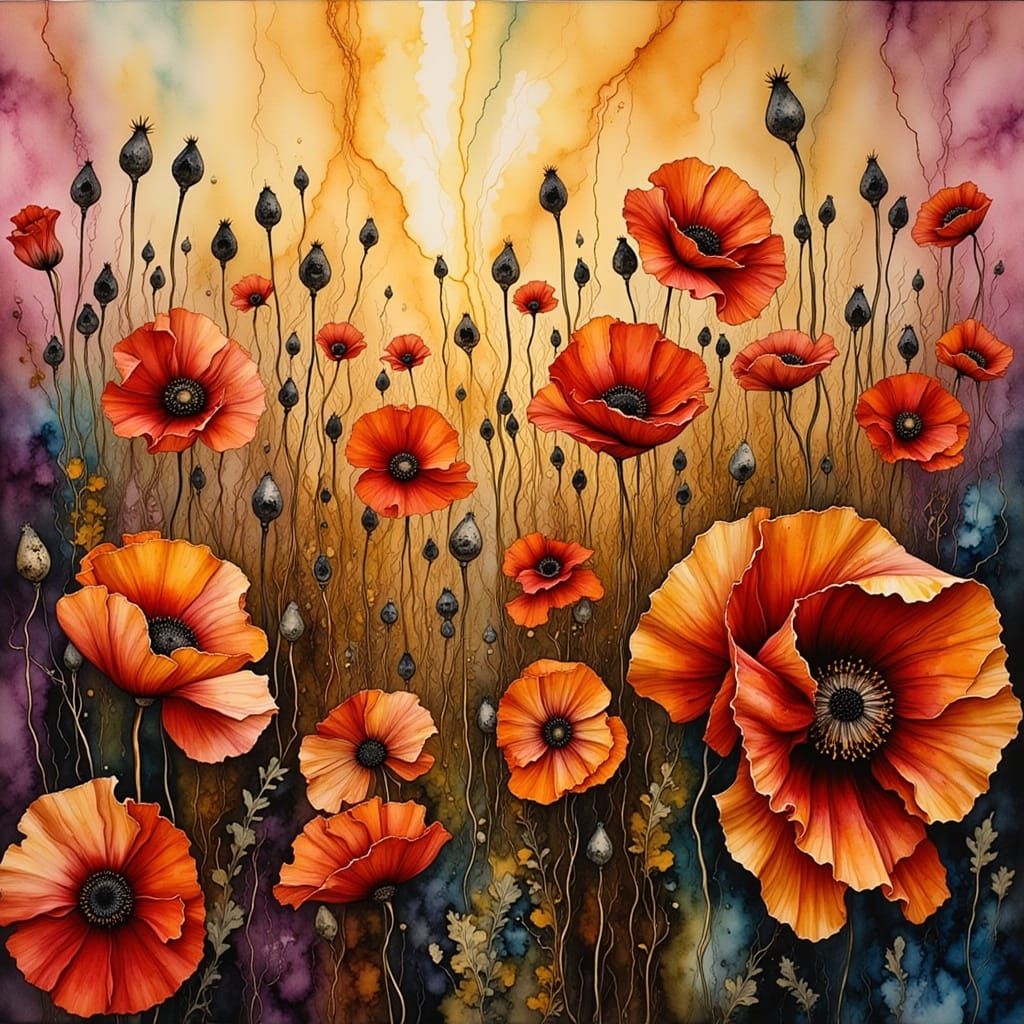 Vibrant Poppy Field in Abstract Watercolor Style