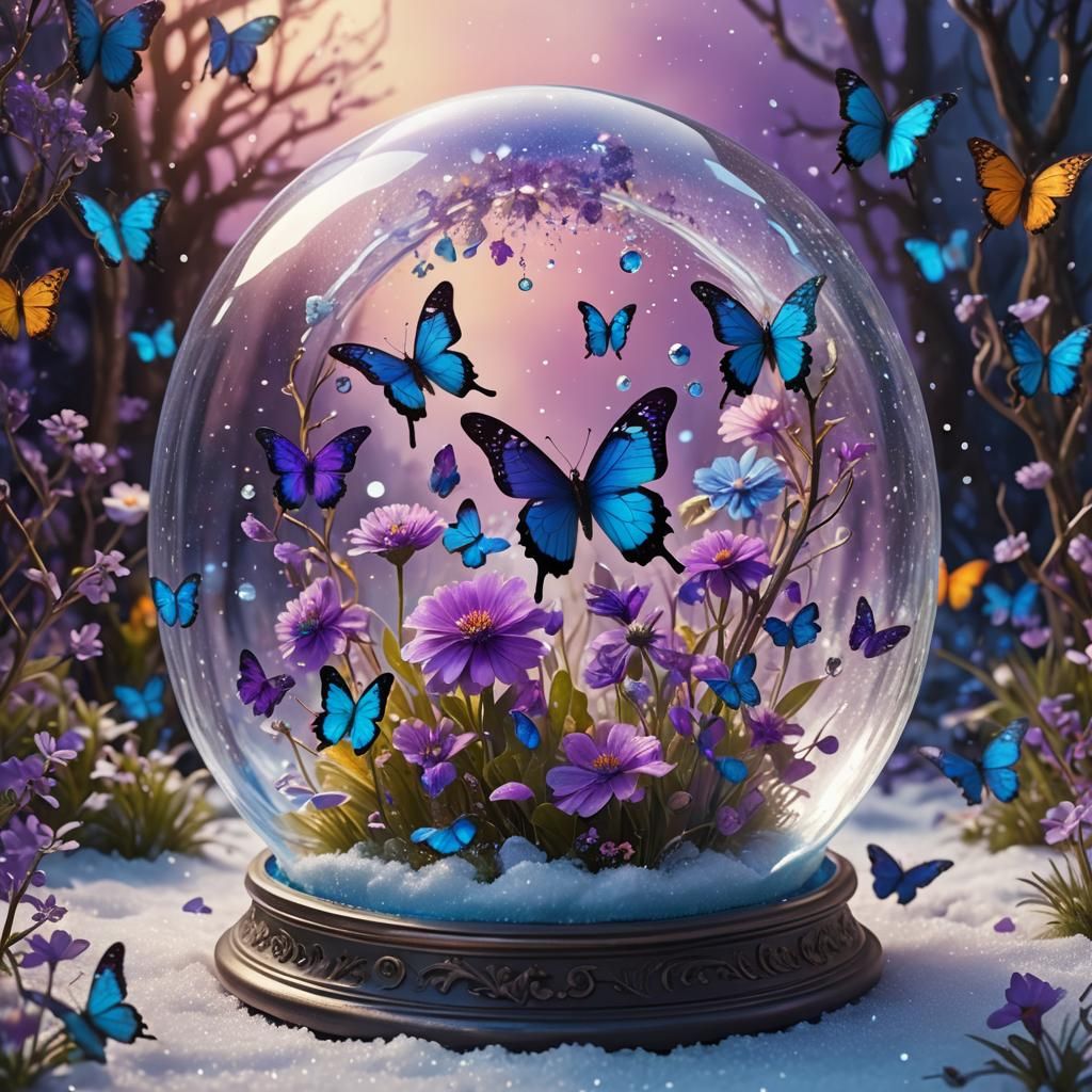 Blue Flower and Purple Butterflies in Snow Globe