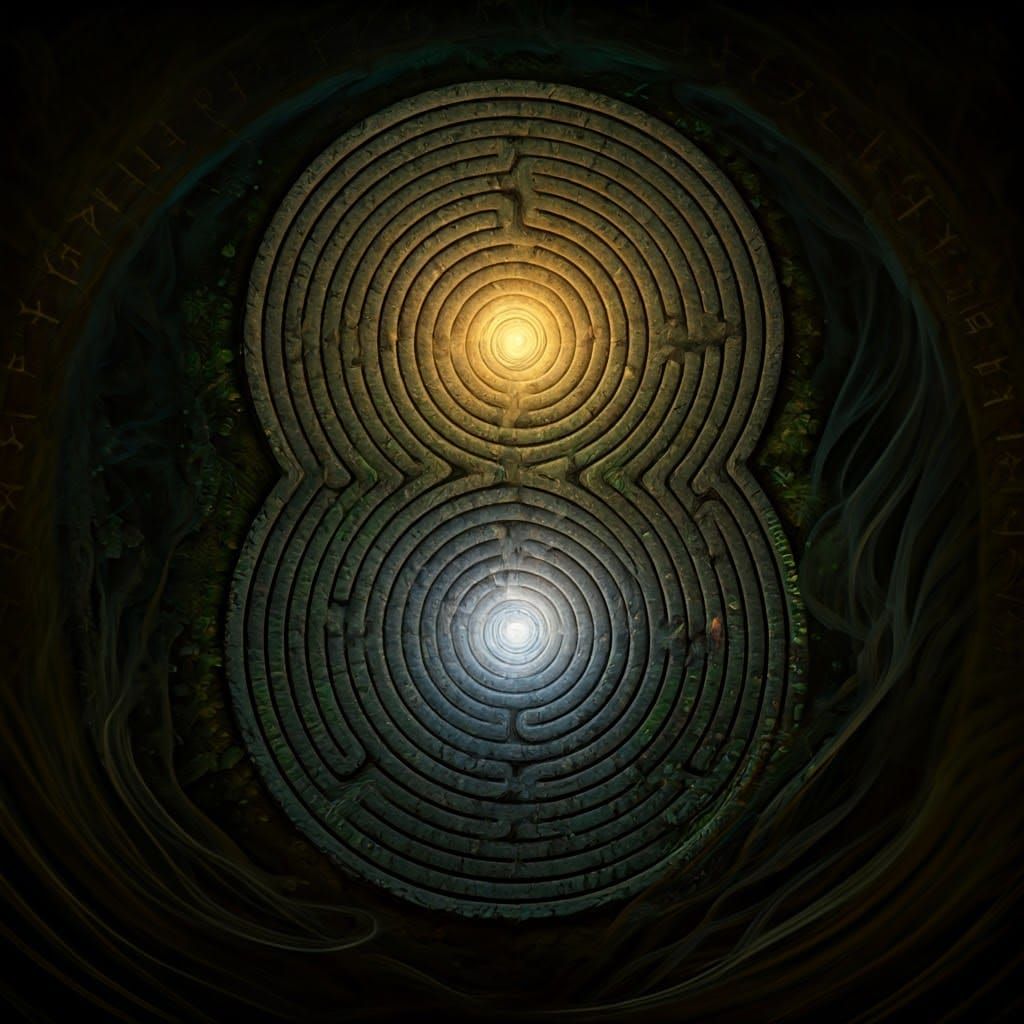 Ethereal Labyrinth with Ancient Runes and Glowing Cores