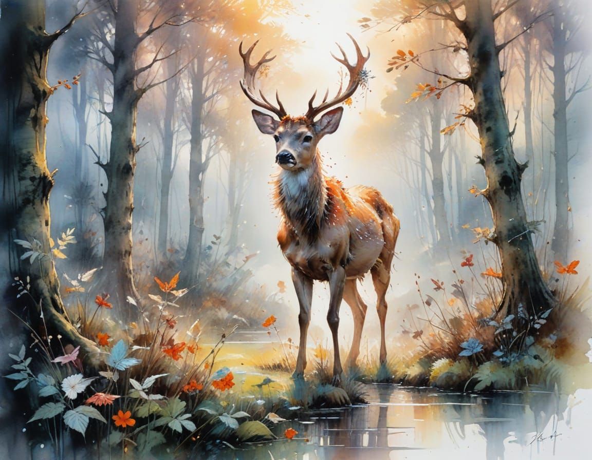 Delicate Deer in Misted Woodland: Watercolour Art