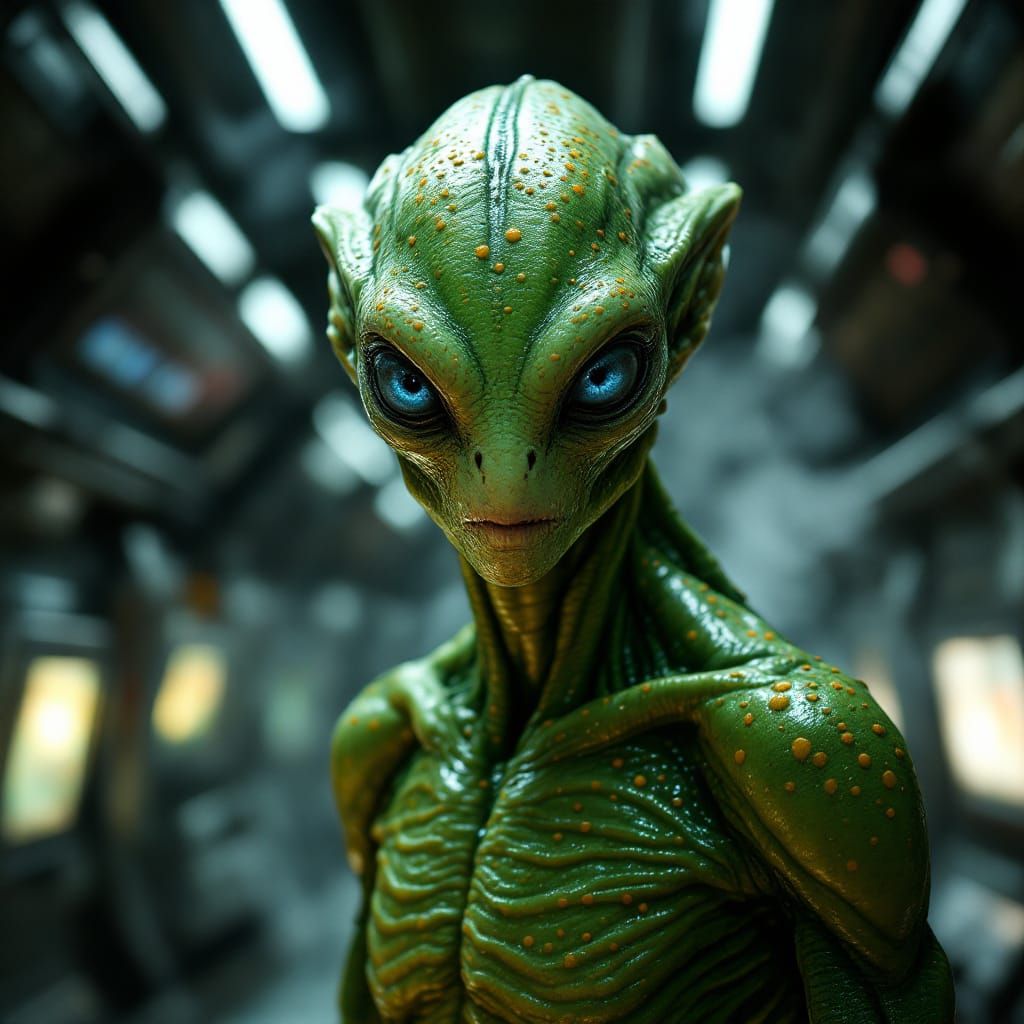 Heroic Alien Hybrid in Space Station, Cinematic Portrait