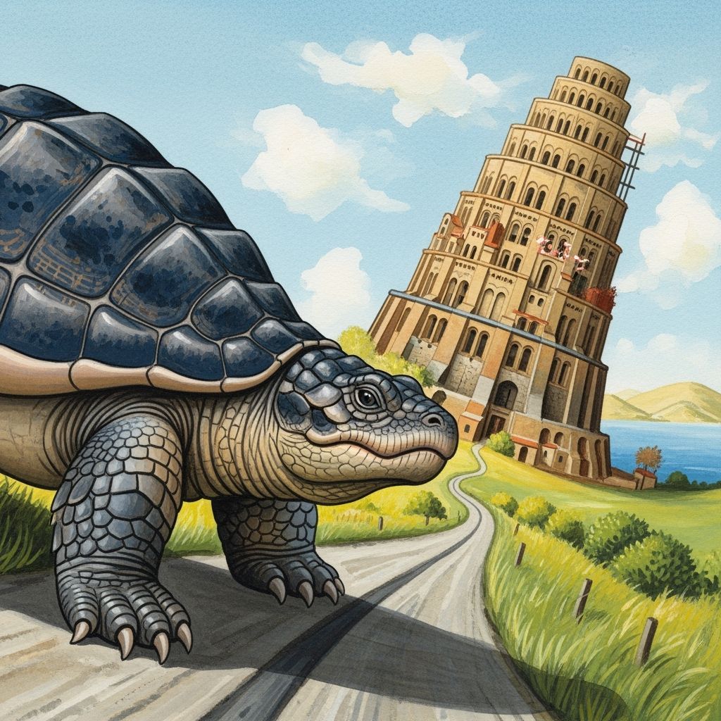 Giant Tortoise and Tower of Babel in Gouache Style