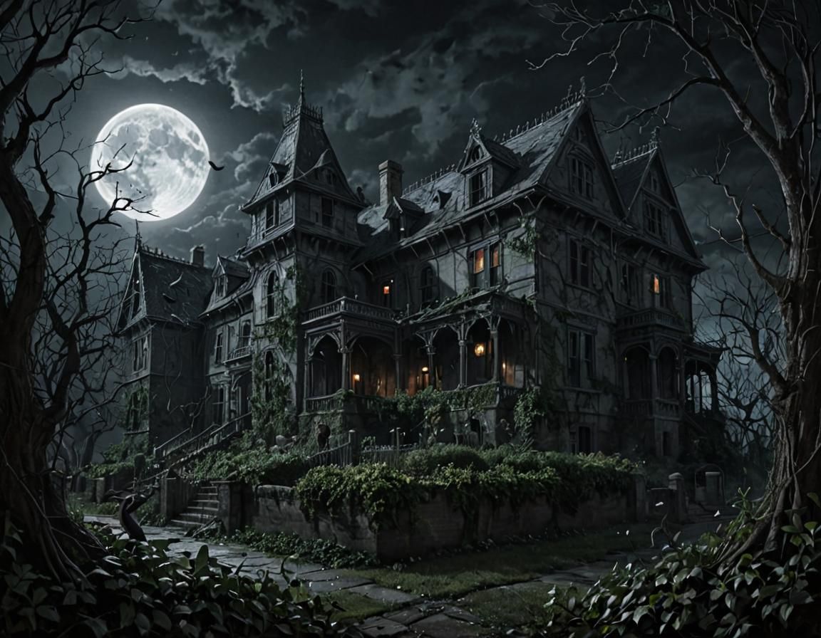 Haunted House Under Moon in Gothic Horror Style