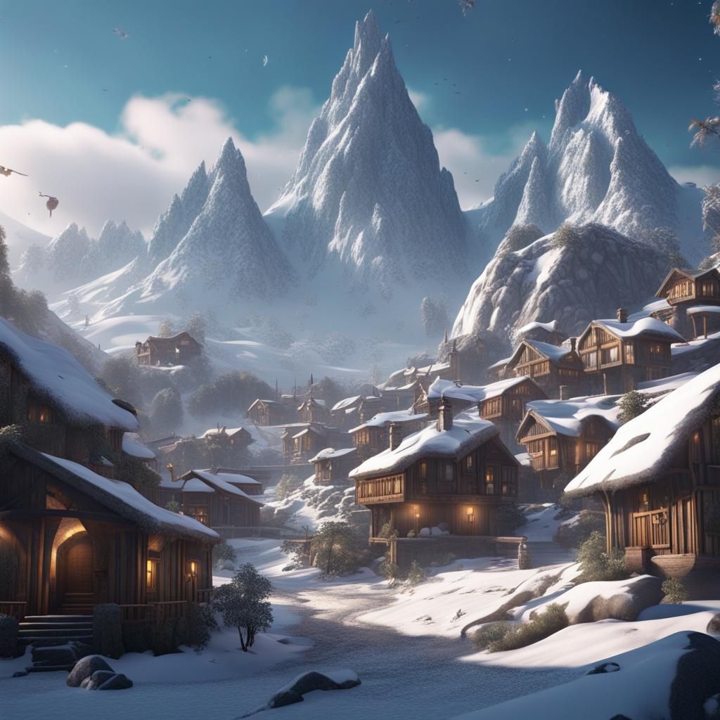 Snowy Oceania Village: A Detailed Matte Painting
