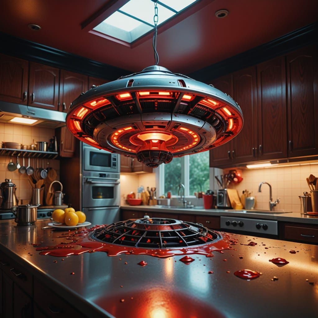 UFO in Kitchen: Hyperrealistic Retrofuturism in Comic Style