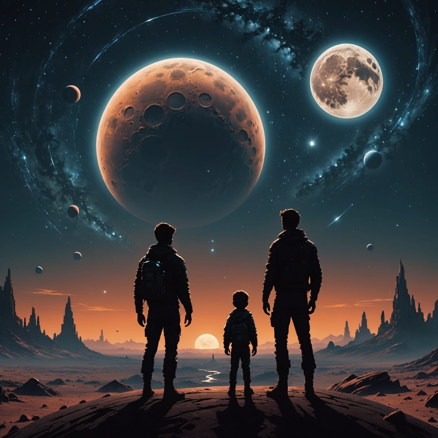Father and Son Silhouetted Under Twin Moons