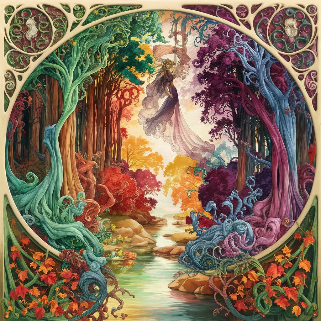 Enchanting Autumn Fey Forest in Art Nouveau Style