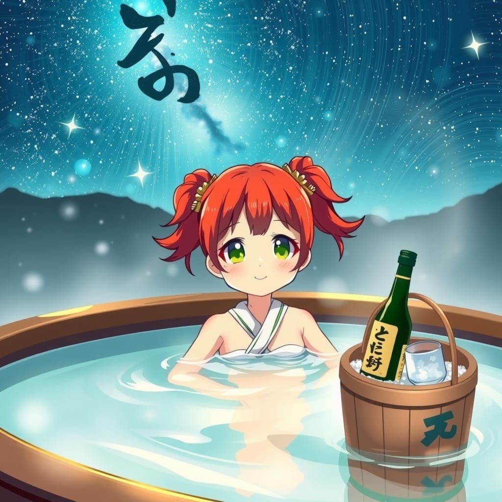 Chibi Girl in Onsen Under Celestial Sky, Anime Style