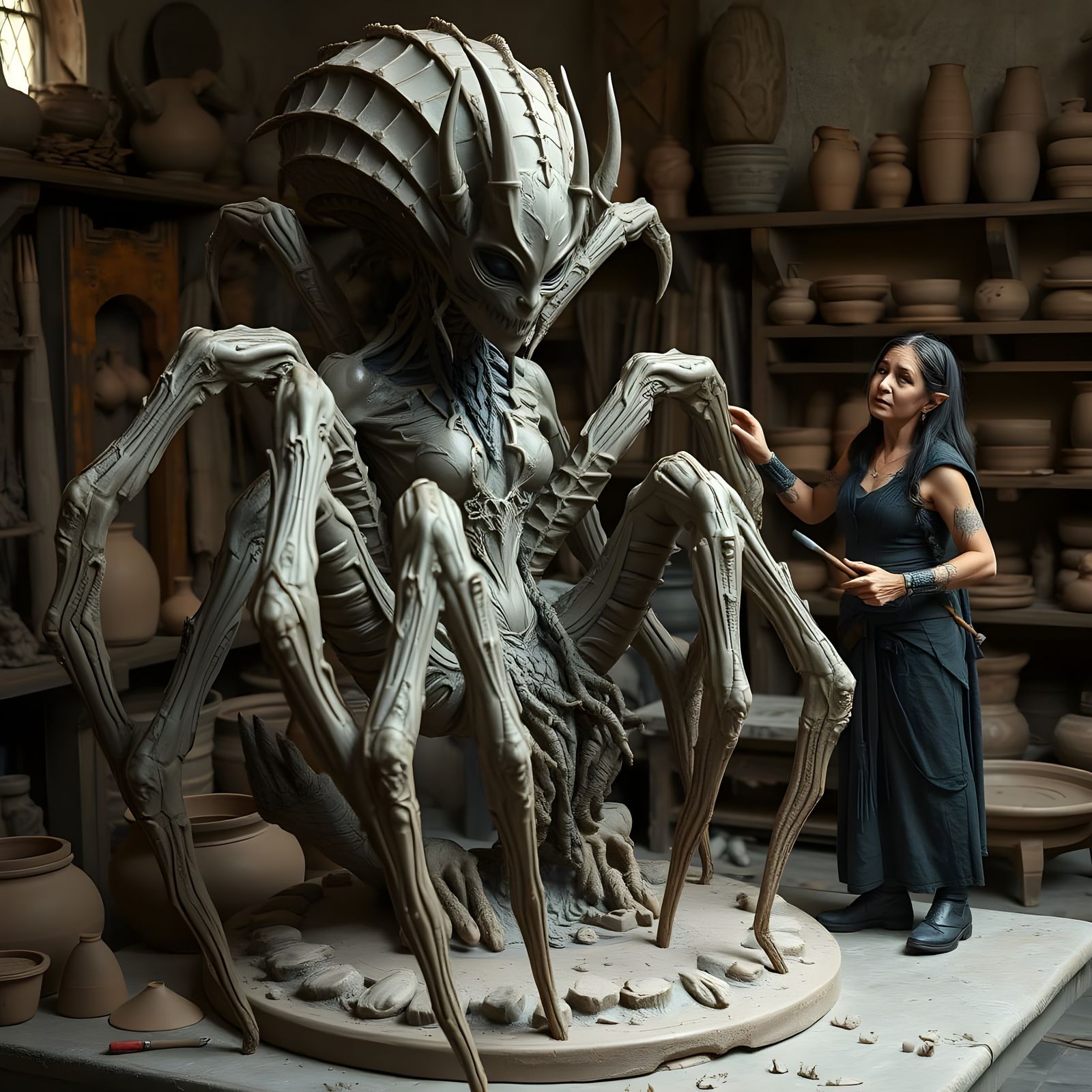 Dark Elf Sculptor Creates Lloth Spider Goddess Statue