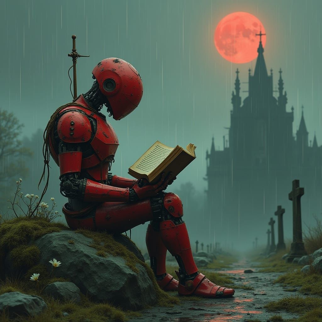 Robot Reads Book Under Red Moonlit Cemetery