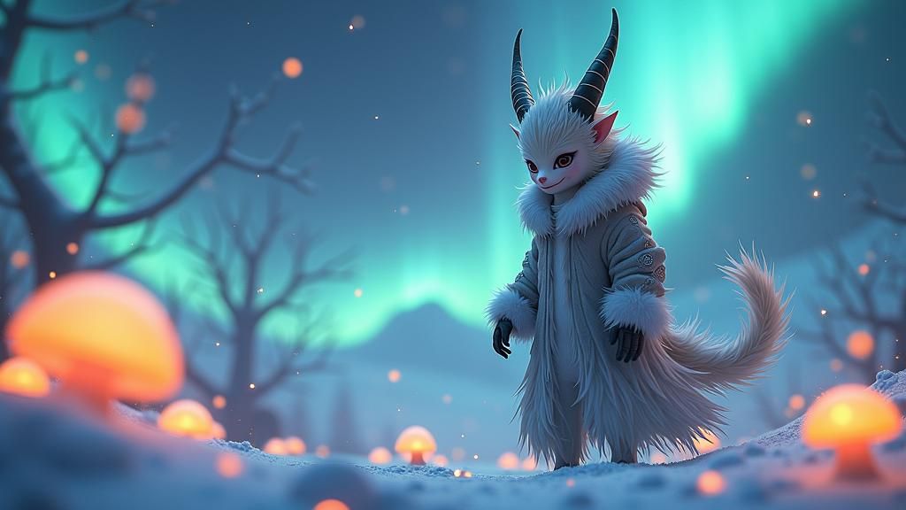 Wight Devil in Snowy Aurora Landscape, Anime Art