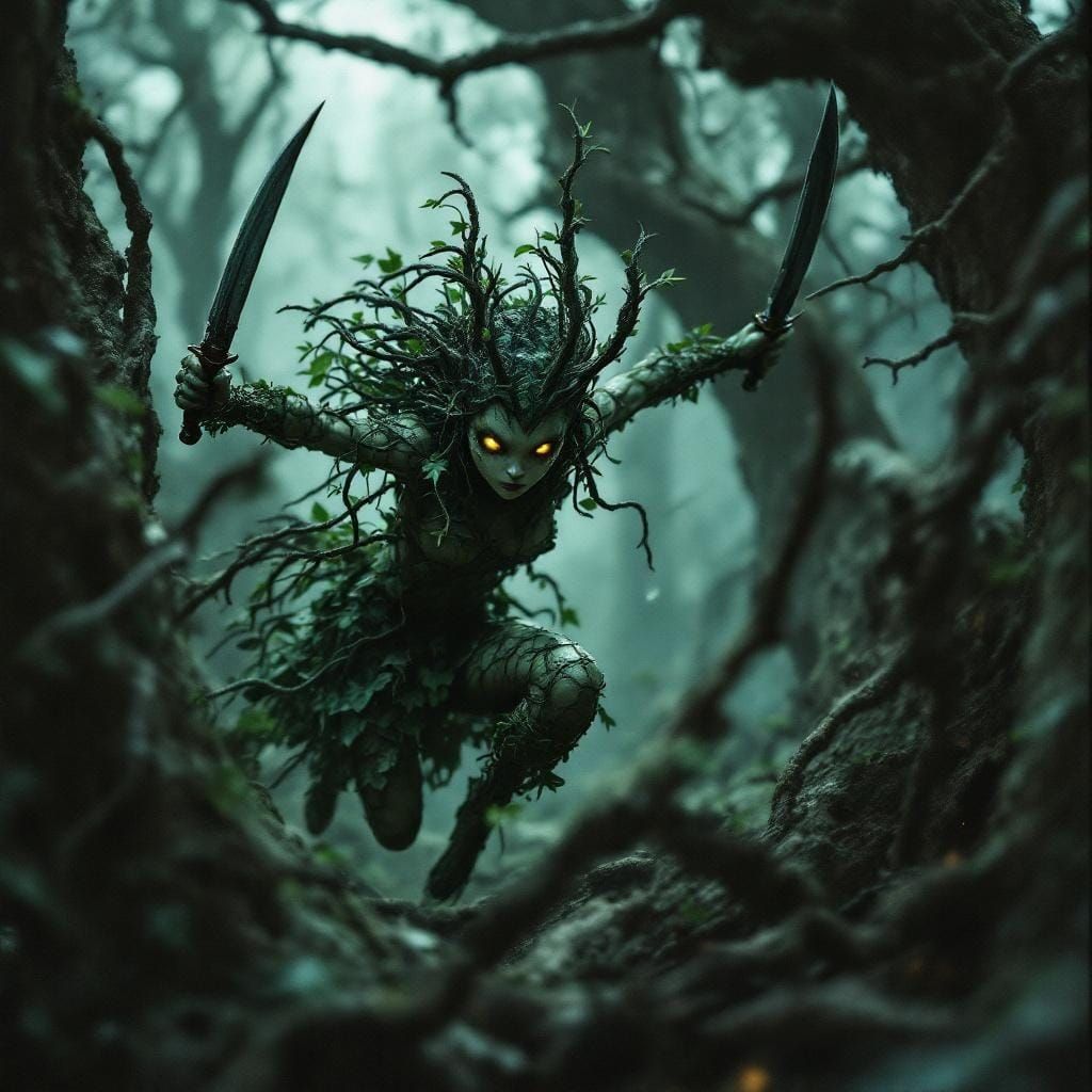 Furious Dryad Attacks Loggers in Dark Fantasy Style