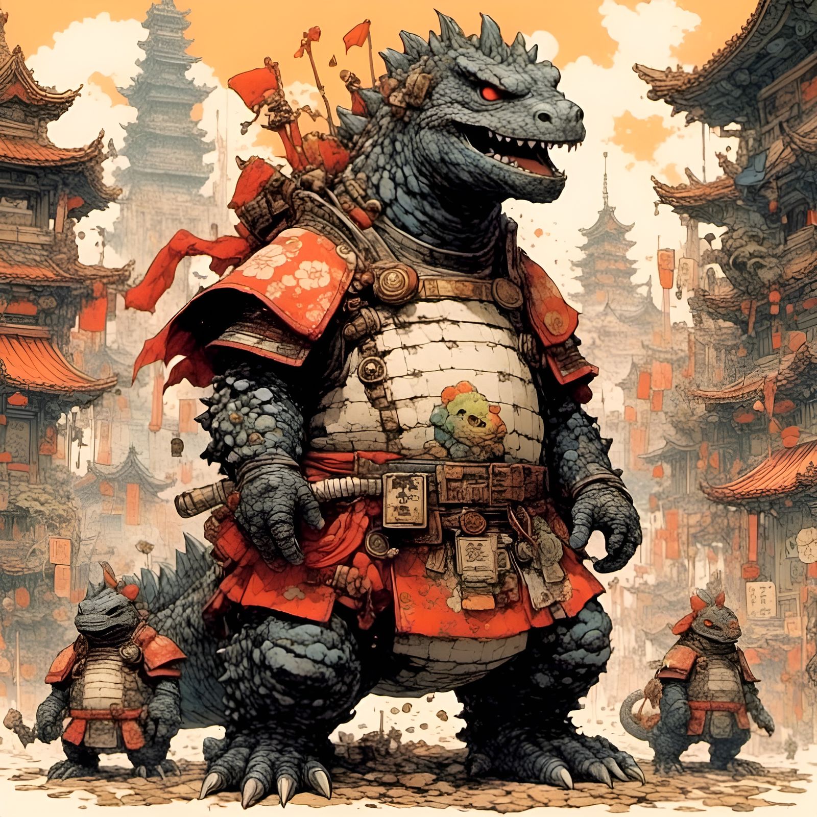 Cute Godzilla Samurai Illustration
