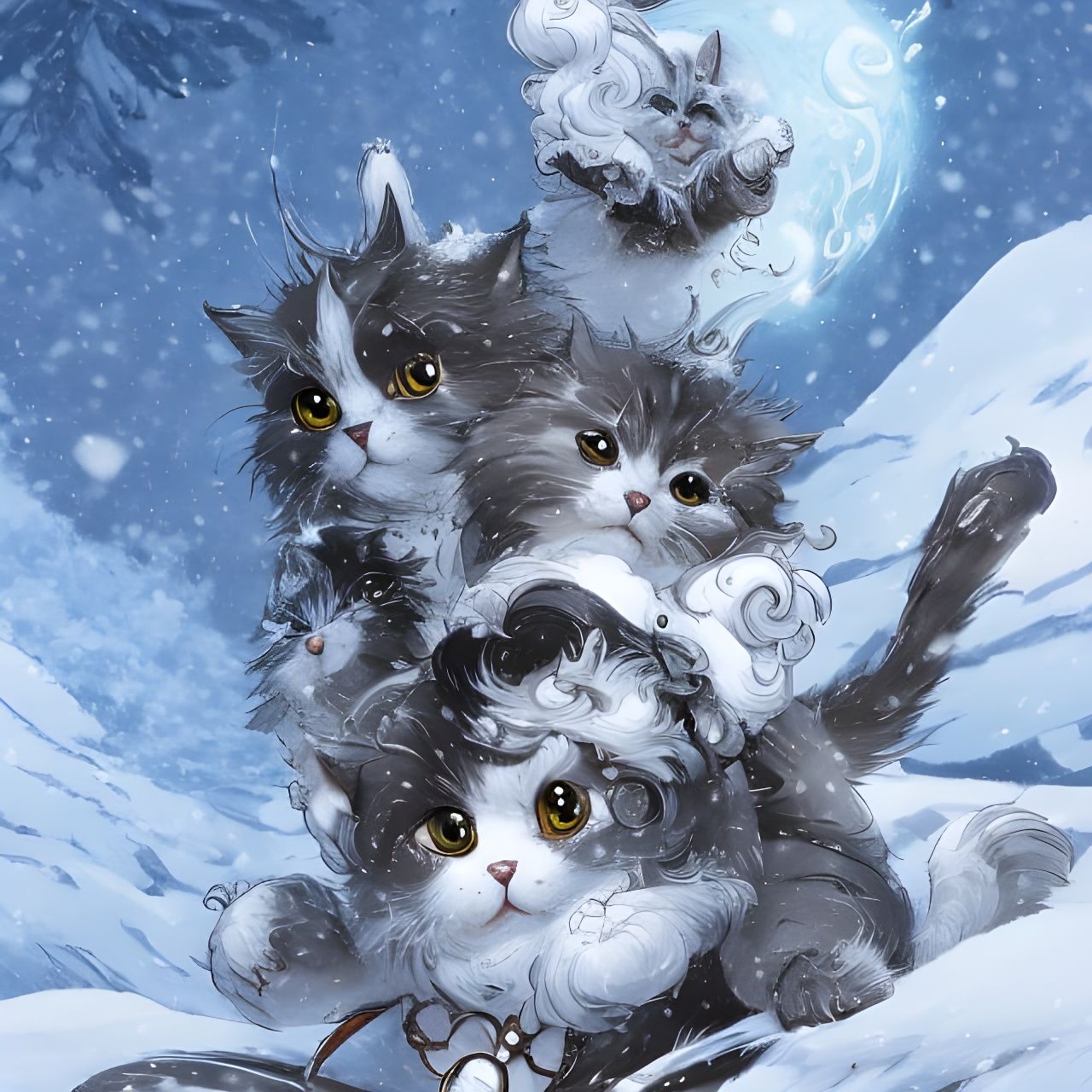 Fluffy Cats Play in Winter Snow: Digital Art
