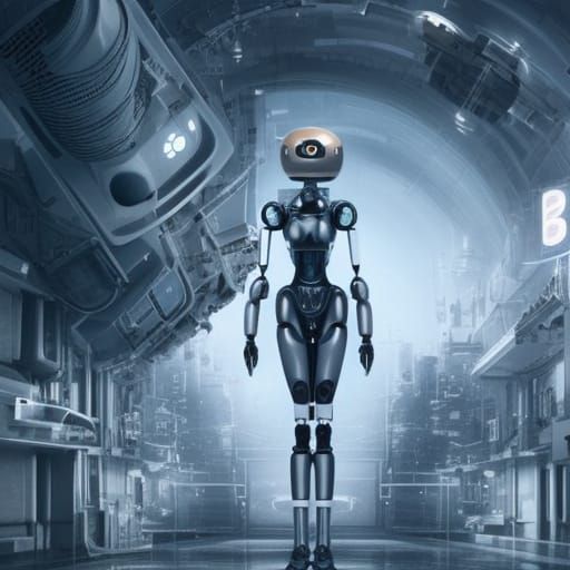 Robot Scientist with TV Head in Digital Matte Painting