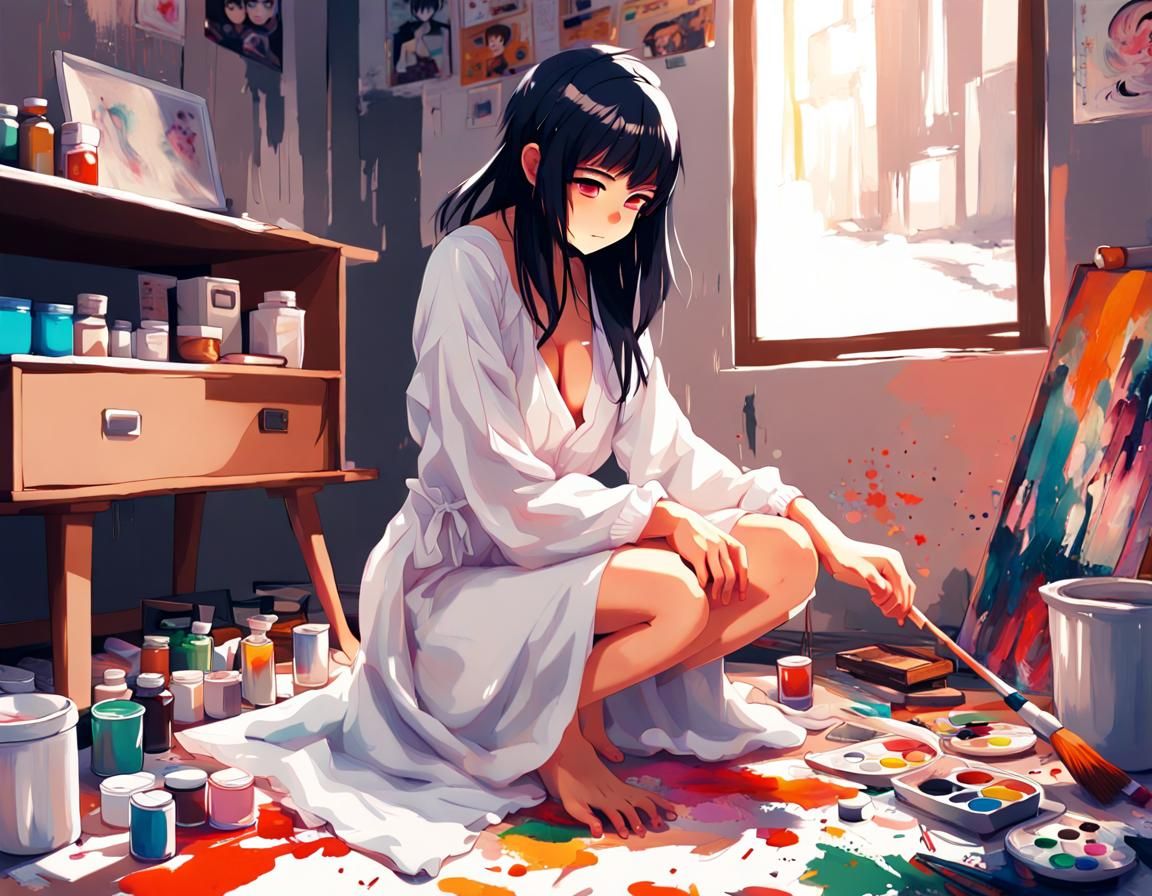 Anime Girl Painting Mural in Hyperrealistic Style