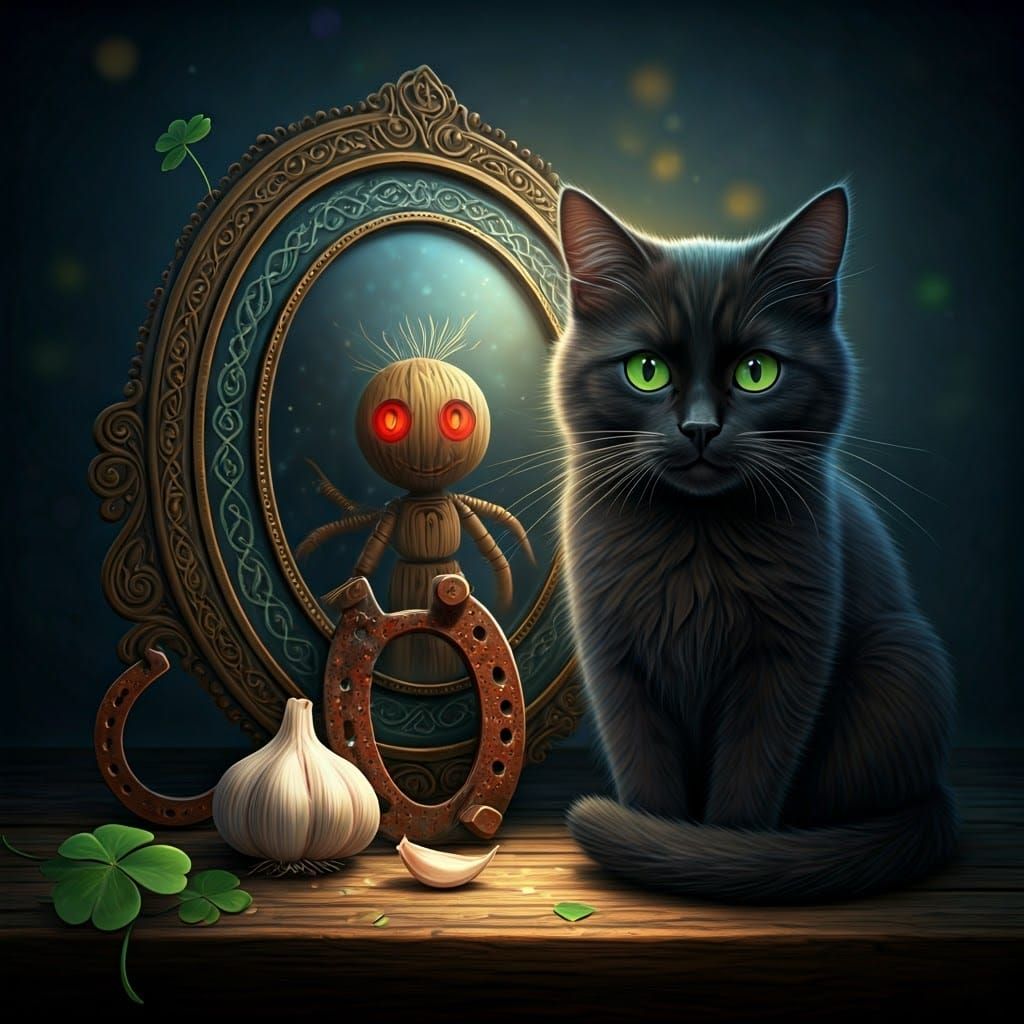 Mystical Mirror Reflecting Voodoo Doll in Surreal Twilight