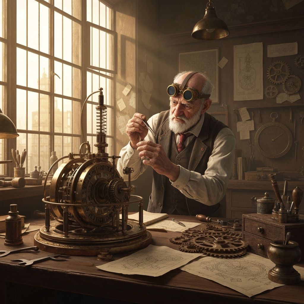Steampunk Inventor Tinkering with Clockwork Device