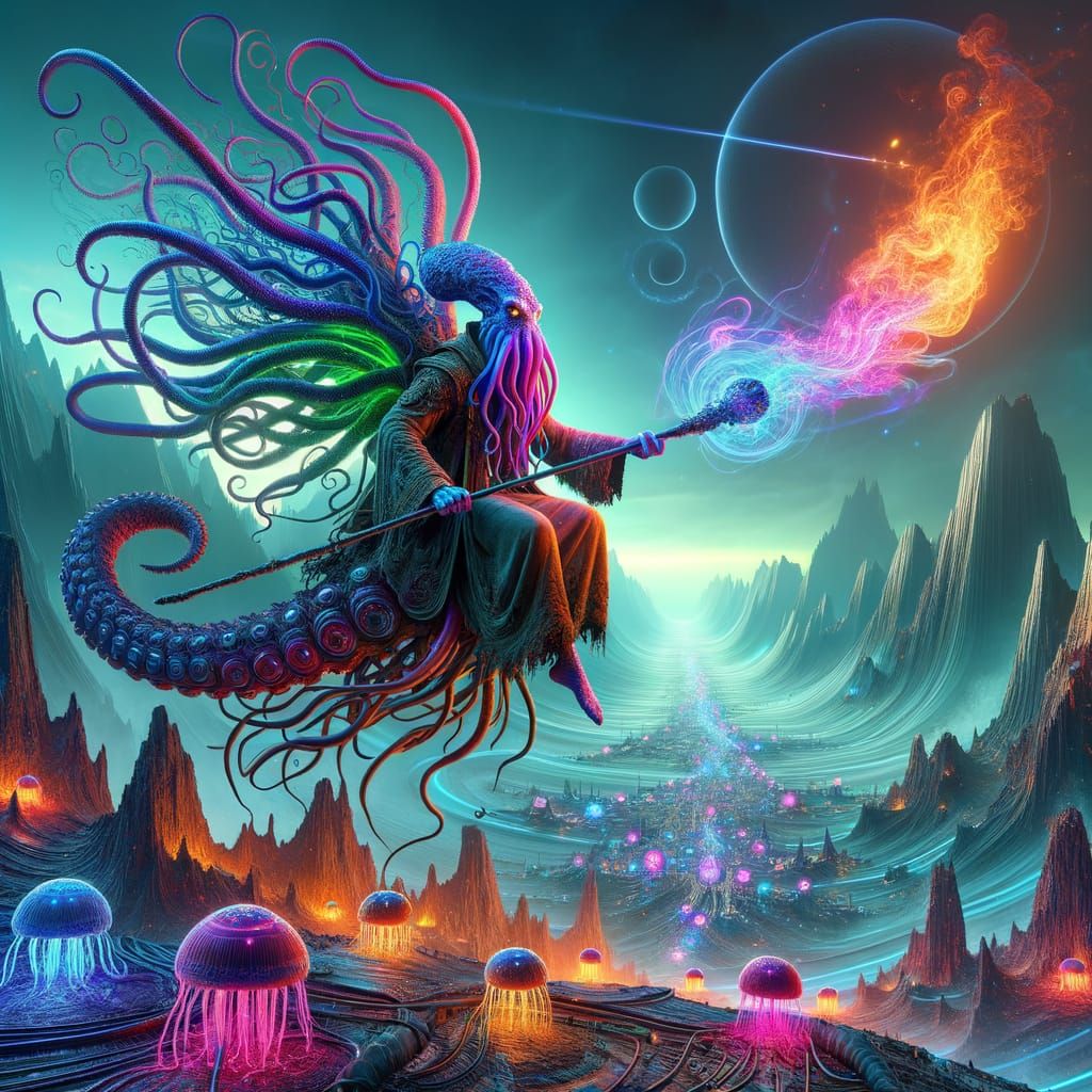 Cyberpunk Octopus Alien Navigates Exploding Minefield