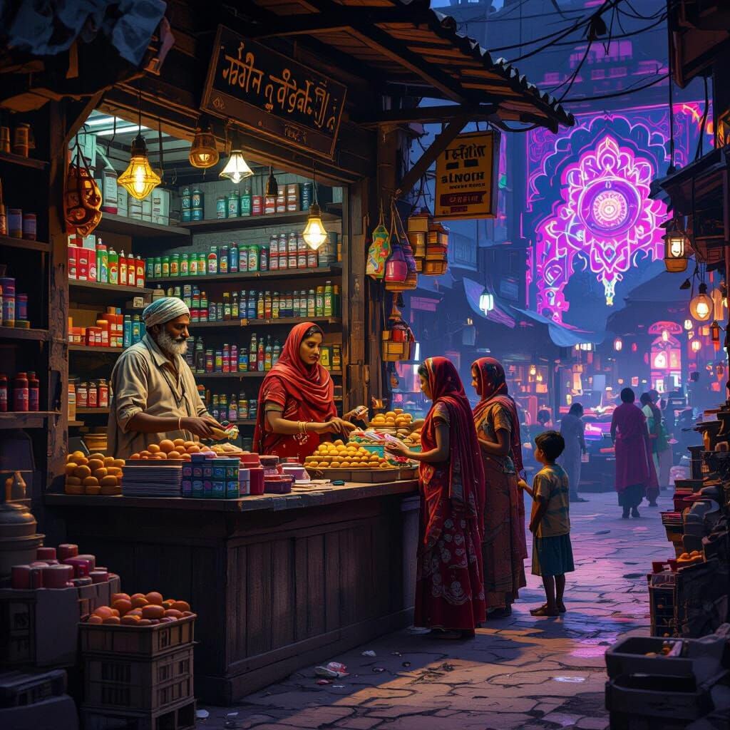 Rural Bihar Grocery Shop Scene in Matte Painting Style