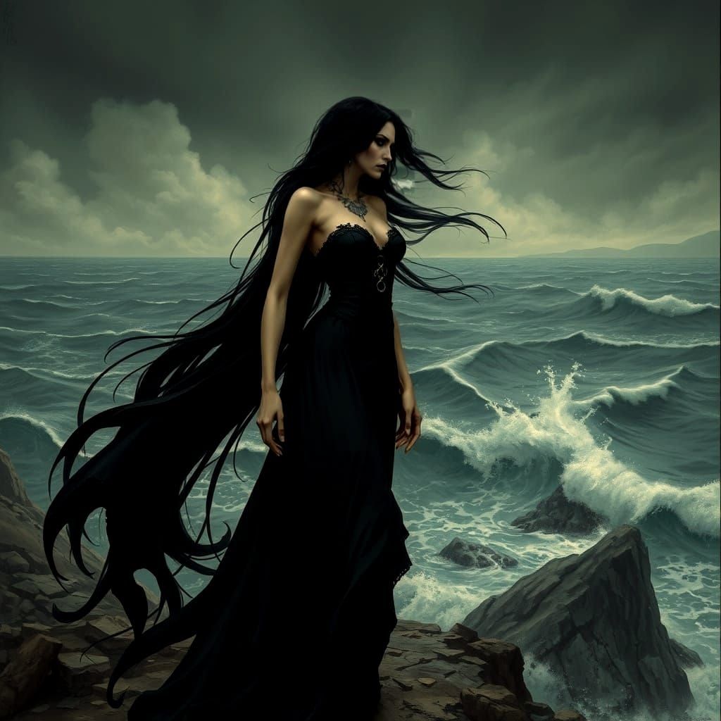 Mysterious Gothic Witch on Windswept Cliff