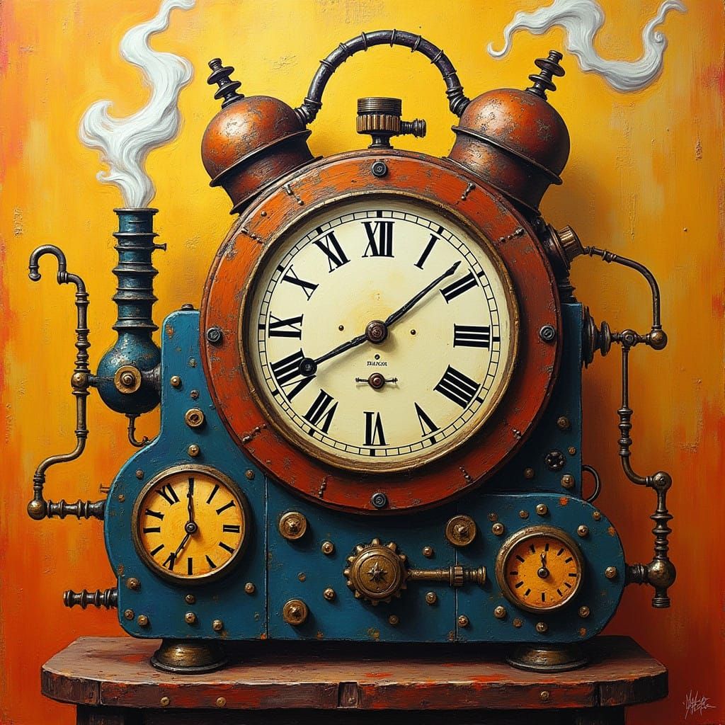 Whimsical Steampunk Scene in Vibrant Neo-Impressionist Style