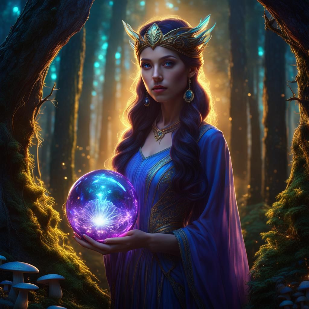 Magical Woman with Glowing Orb in Forest