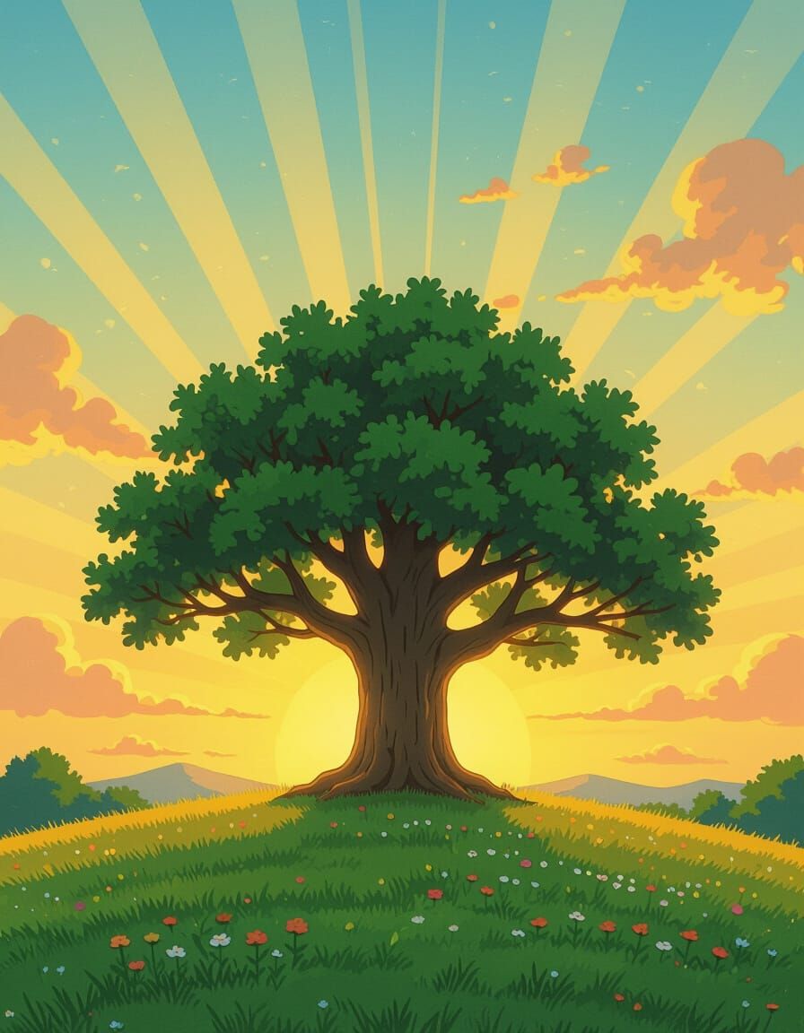Oak Tree Sunrise in Vintage Anime Style
