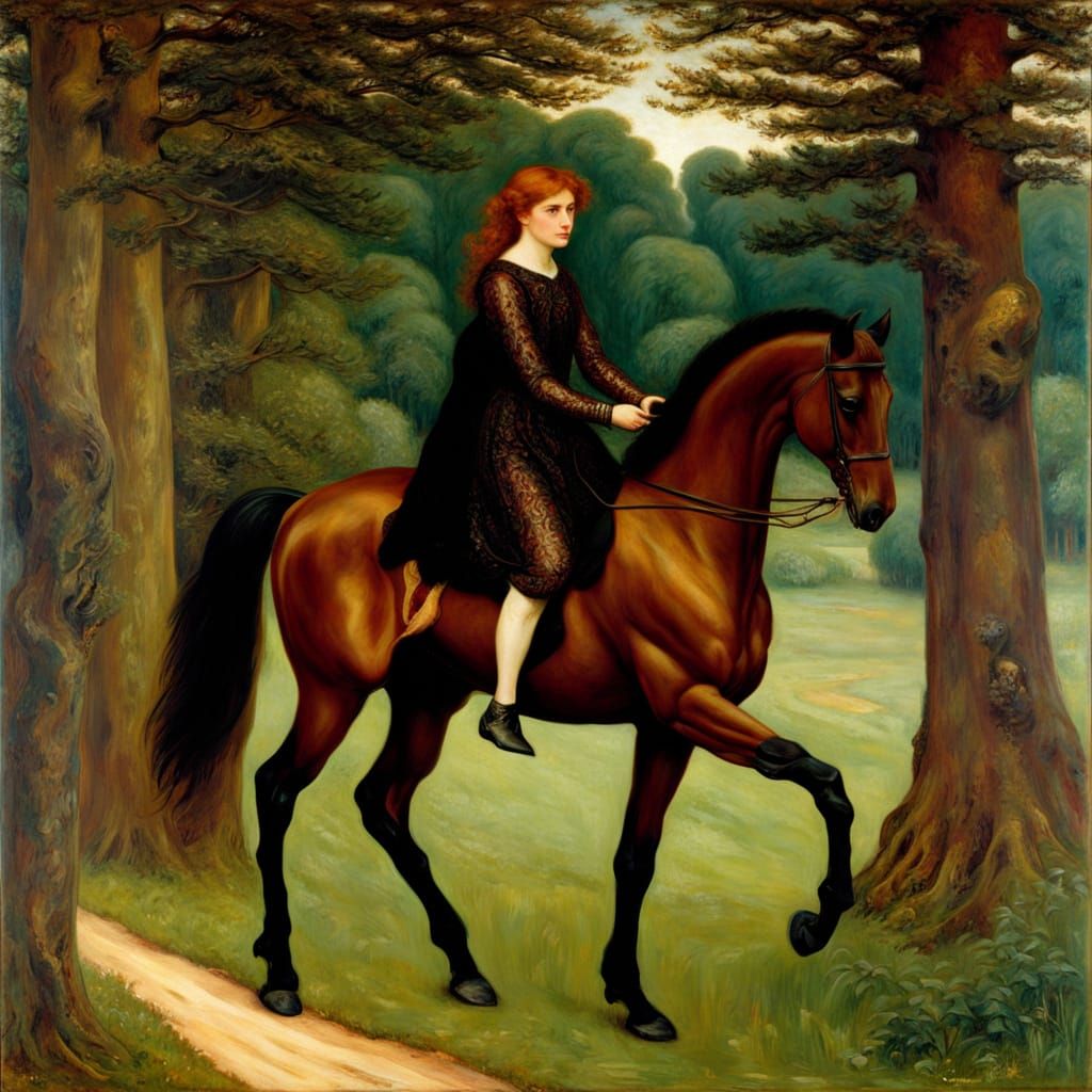 Equestrian Journey: Pre-Raphaelite Forest Road Scene
