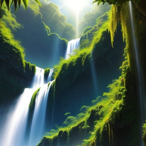 Majestic Jungle Waterfall in Divine Sunshine
