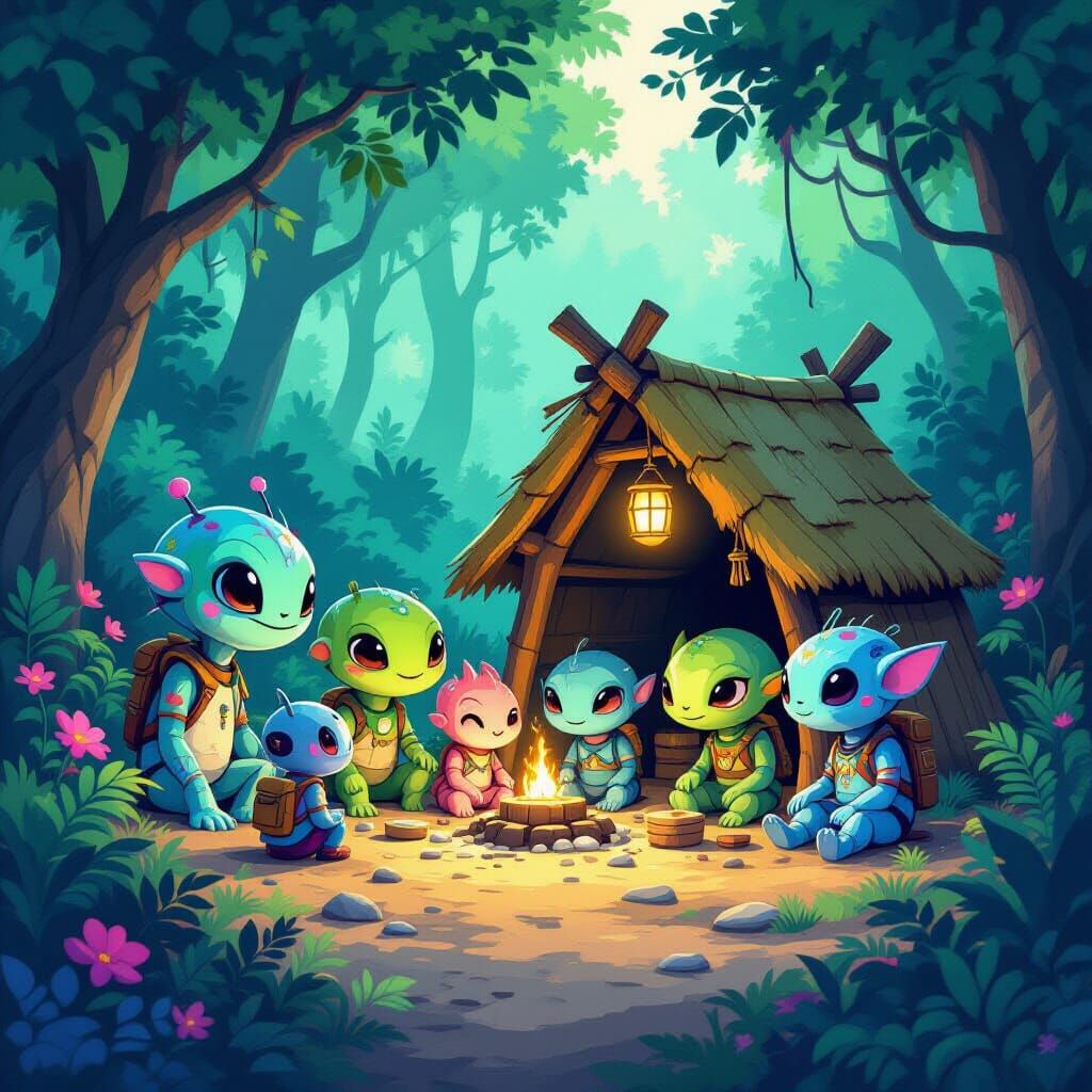 Friendly Aliens Build Shelter for Lost Explorer in Vibrant J...