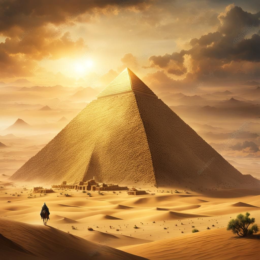 Golden Desert Pyramid with Diamond, Digital Art