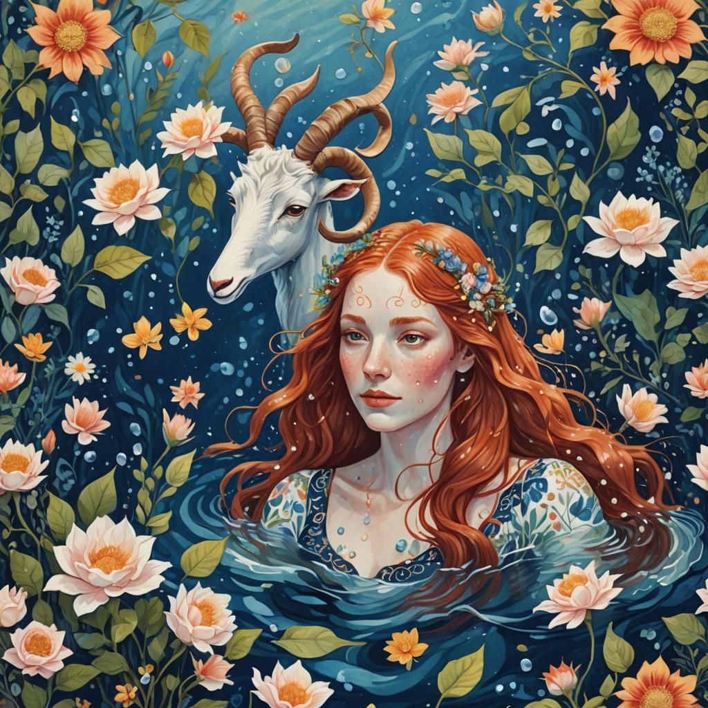 Redhead Woman with Goat Horns: Fantasy Folk Art
