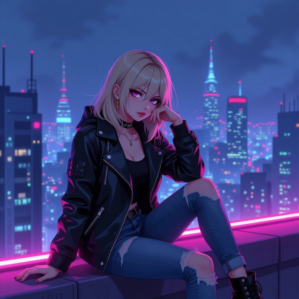 Anime Girl in Cyberpunk Cityscape, Manga Style