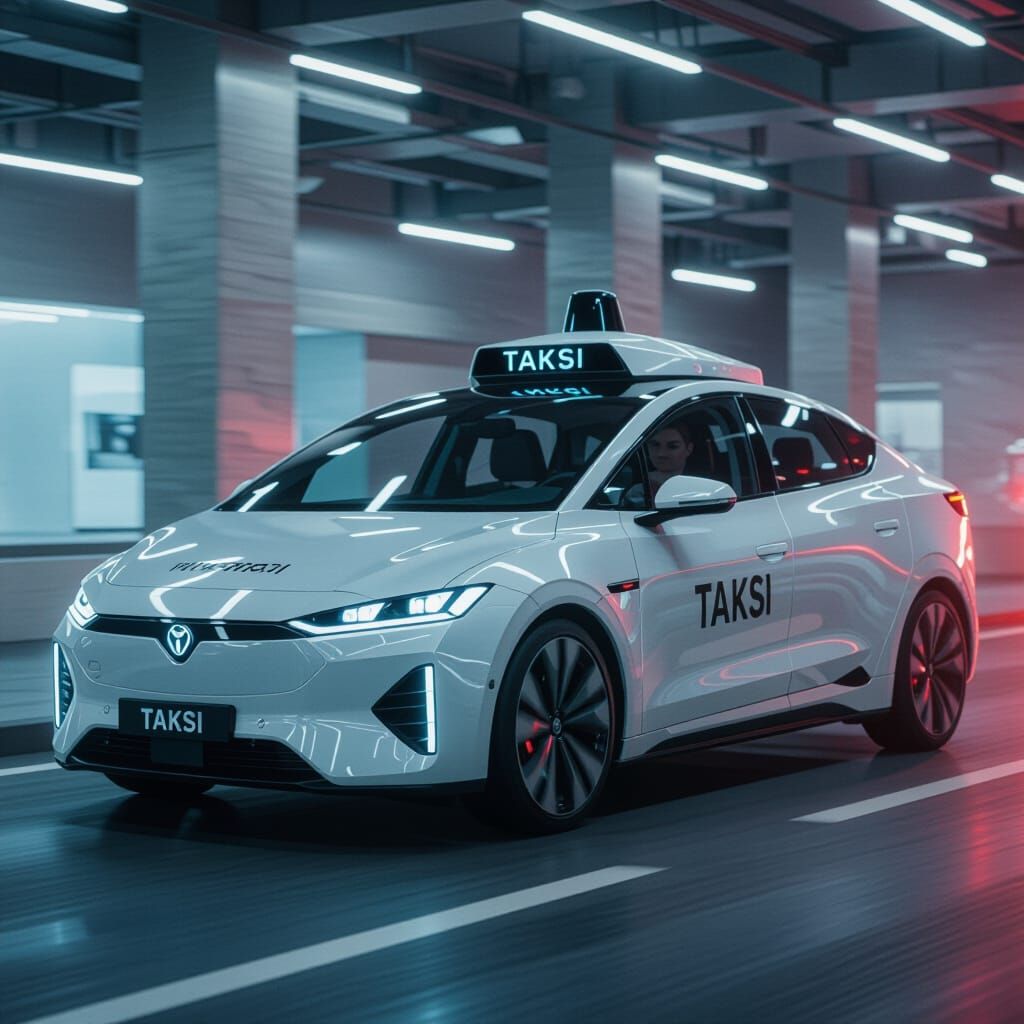 Futuristic Self-Driving Taxis with Lithuanian "TAKSI" Sign