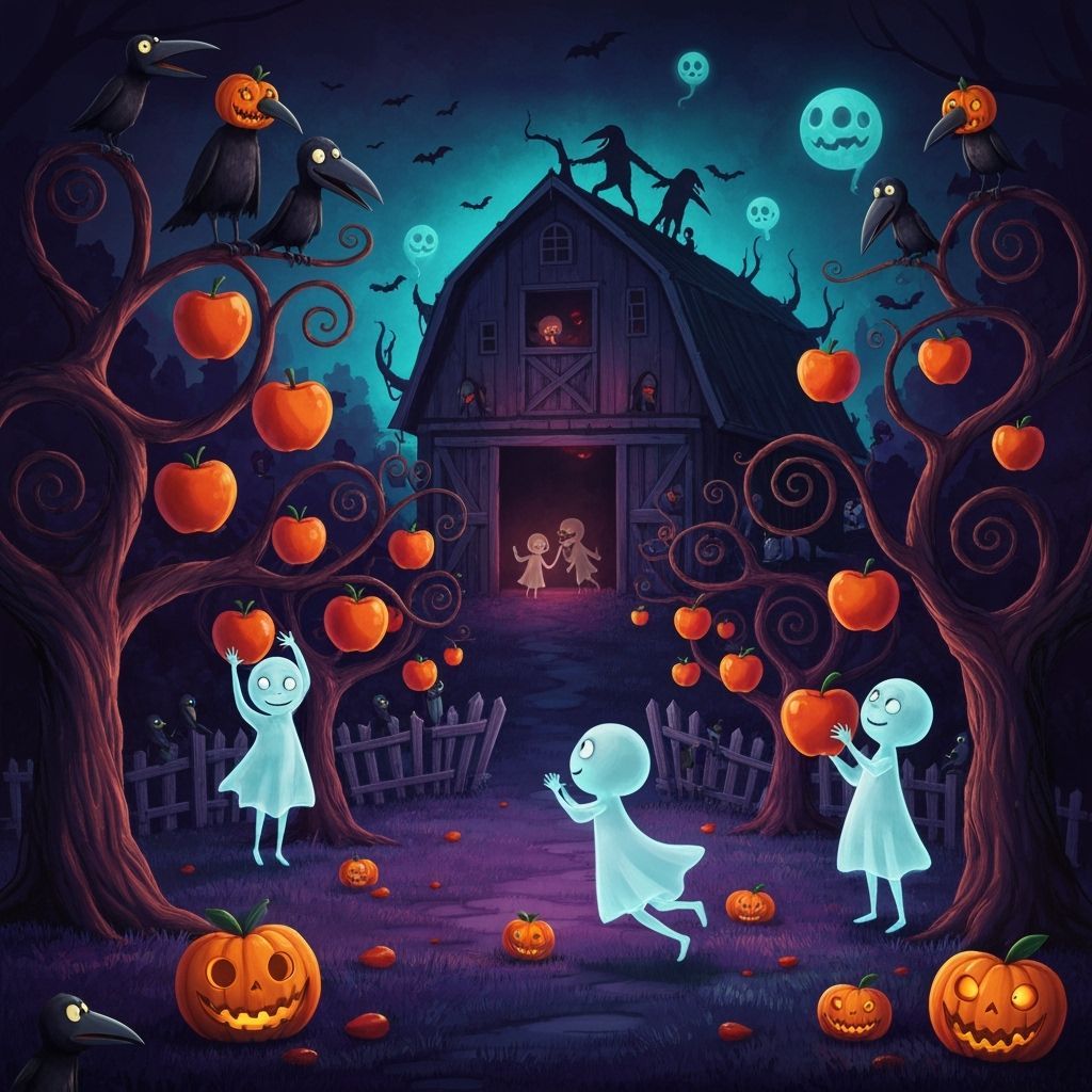 Ghostly Orchard with Spectral Children and Giant Apples