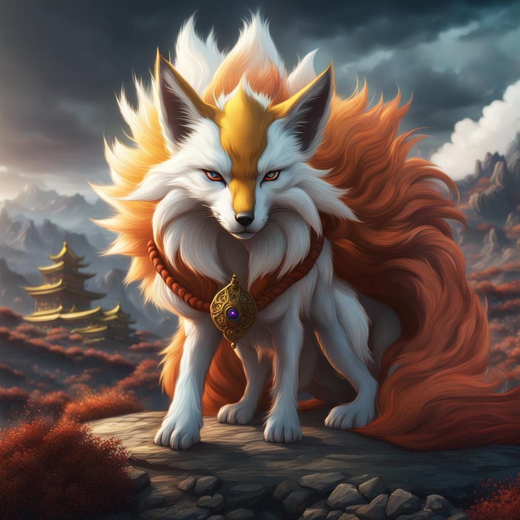 Nine-Tailed Tibetan Fox Hybrid: Fantasy Concept Art