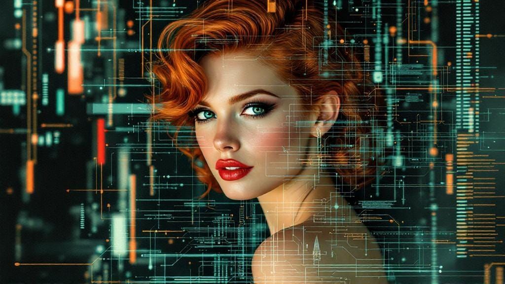 Fire-Red Haired Digital Avatar in Dürer-Inspired Glitch Art