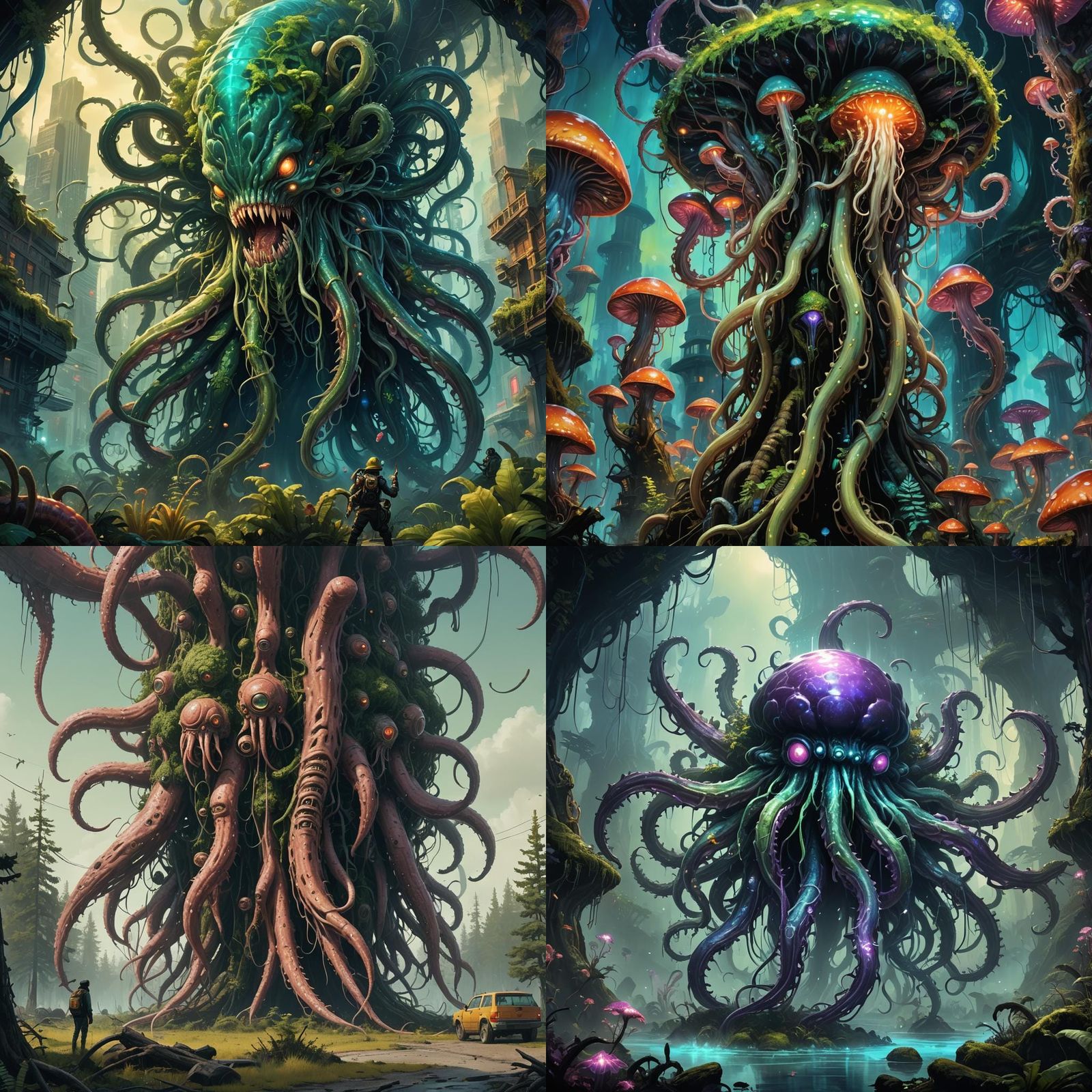 Gigantic Abyssal Parasite City with Forest, Detailed Paintin...