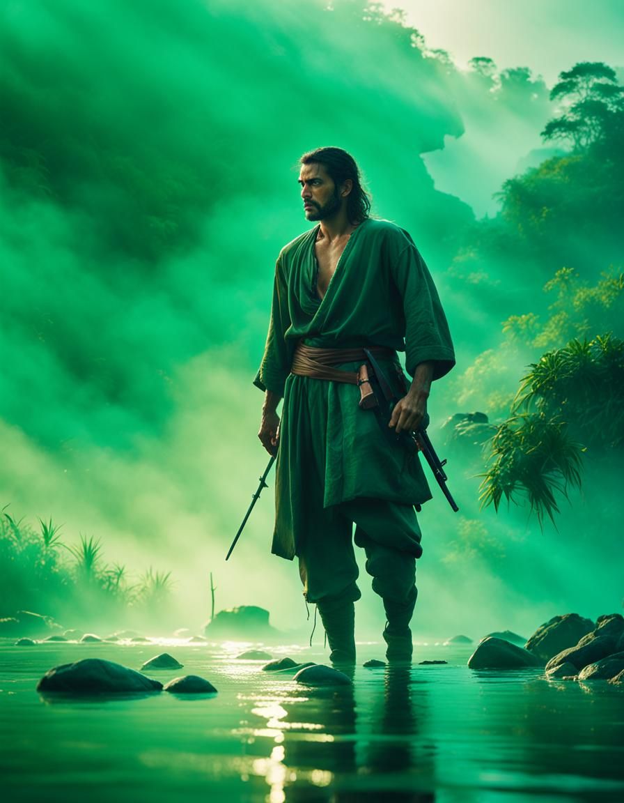 Brazilian Assassin in Emerald River: Cinematic Oil Painting