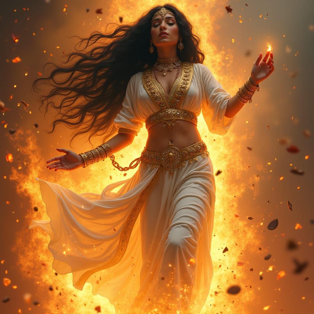Sensual Arabian Goddess Leaps into Fantastical Firelight