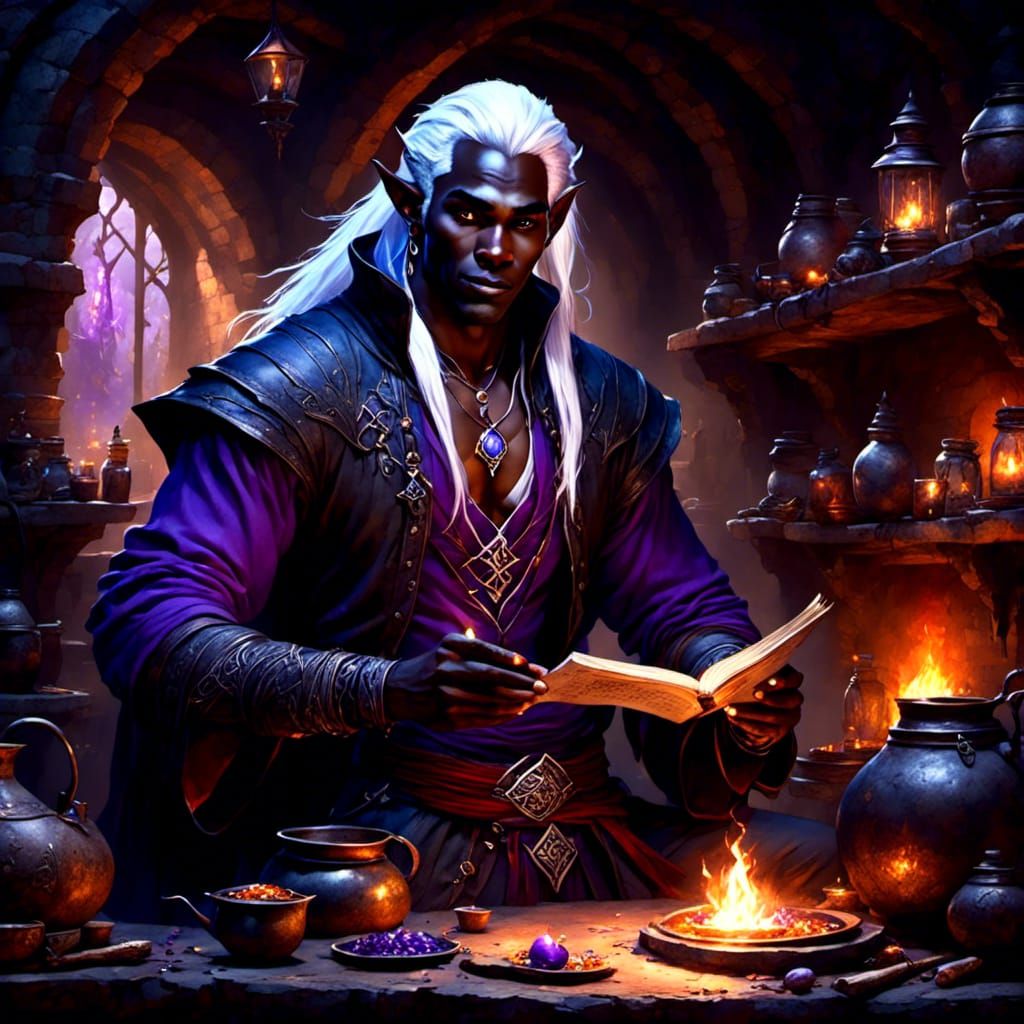 Charismatic Drow Wizard Casting Spell in Workshop